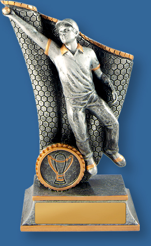 Cricket Trophies Wave Series. Antique Silver and Gold generic resin trophy with slips fielding action.