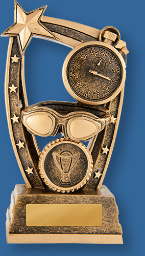 Bronze generic resin swimming trophy with stopwatch, goggles star detail.