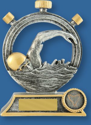 Antique silver with gold trim generic resin swimming trophy with stopwatch and stylised swimmer detail