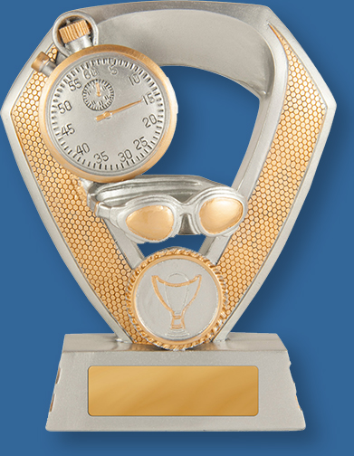 Antique silver with gold trim generic resin swimming trophy with stopwatch and stylised swimmer detail.