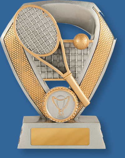 Antique Silver with gold trim Resin Trophy with racquet and ball detail.