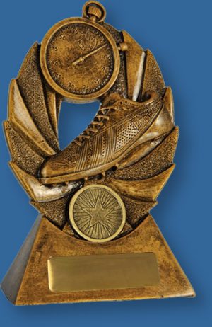 Gold resin trophy with boot and stopwatch. Bronze tone theme.