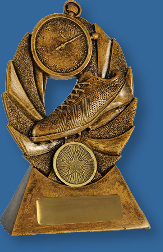 Gold resin trophy with boot and stopwatch. Bronze tone theme.