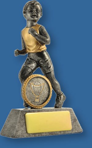 Silver with gold trim resin trophy with little boy running. Athletics Trophies Male Little Champs Series