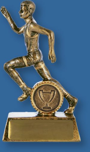 Gold resin trophy with male running action. Athletics Trophy Male Resin. Action Hero