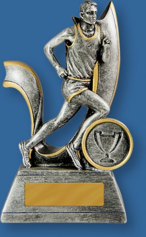 Antique Silver with gold trim Resin Trophy with male sprinter action.