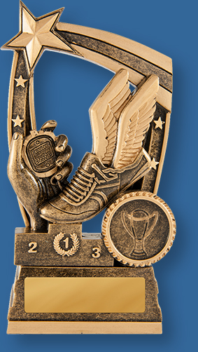 Gold resin trophy with stopwatch and winged boot. Track Trophy Generic Resin. Bronze tone.