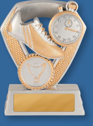 Antique silver with gold trim resin with boot and stopwatch. Athletics Trophy Generic Resin. Track Shield Series. Can be engraved