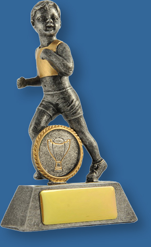 Silver with gold trim resin trophy with little girl running.Little Athletics Trophy Female Resin