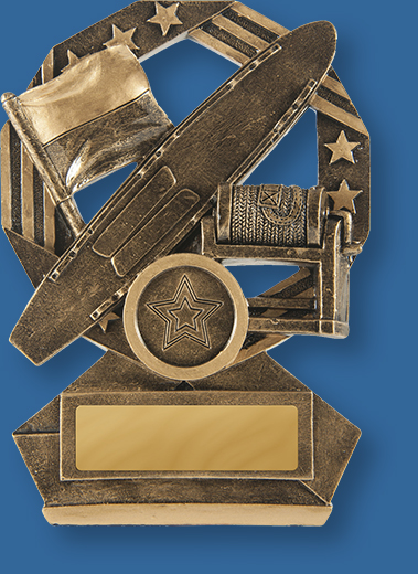 Gold resin trophy with board flag and reel