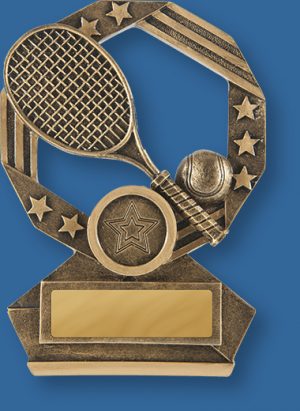 Gold with bronze tone resin trophy with racket and ball
