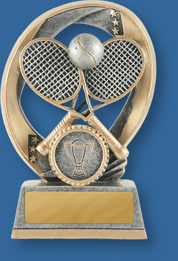 Antique silver with gold trim resin trophy with rackets and ball