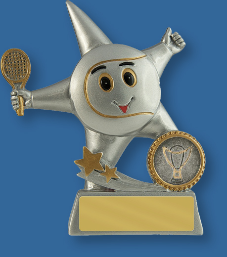 Silver with gold trim resin trophy with star figure and racket