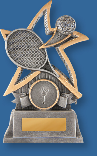 Silver with gold trim resin trophy with racket and ball