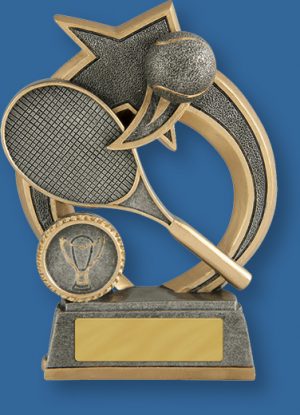 Silver with gold trim resin trophy with racket and ball