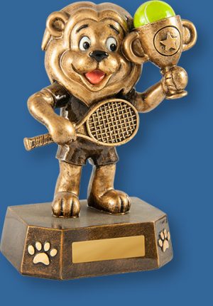 Gold resin trophy with lion figure with racket and trophy cup