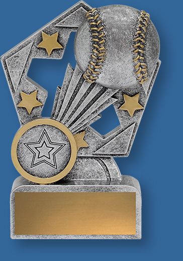 Theme baseball trophy with gold stars and baseball detail.