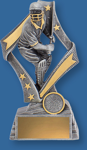 Cricket Batsman Trophy Flag Series. Antique Silver and gold trim with Batting action