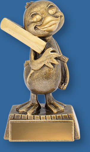 Cricket Trophy Duck. Antique Gold with Duck with bat on shoulder detail.