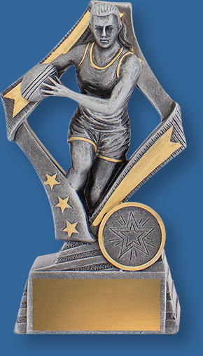 Antique Silver Female Touch Football Trophy with gold highlights and Running Player with ball action detail.