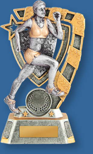 Silver and Gold Resin Athletics Trophy with female sprinter detail.