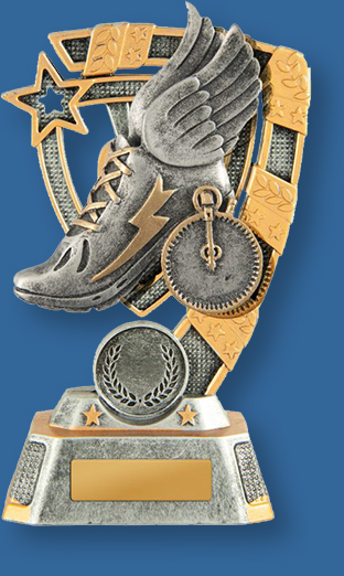 Silver and Gold Resin Athletics Trophy with generic stopwatch and flying shoe detail.