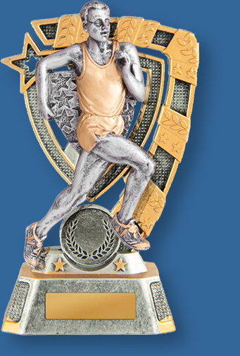 Silver and Gold Resin Athletics Trophy with male sprinter detail.