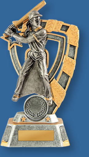 Silver and Gold Resin Softball Trophy Baseball Trophy With Batter ready Stance.