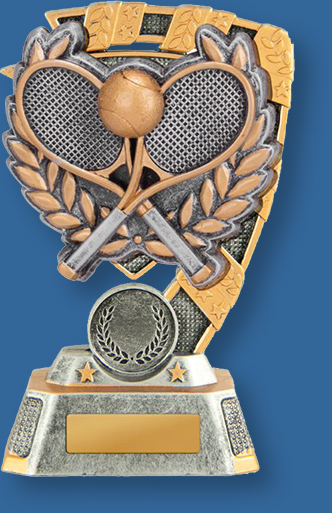 Silver and Gold Resin Tennis Trophy with generic Crossed Racquet and Ball detail.