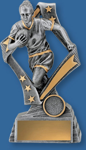 Rugby Trophy Female Resin. Flag Series. Can be engraved. Antique Silver Tone with Gold Trim. Running action with ball on chest.
