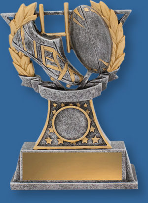 Rugby Trophy Generic Resin. Rugby Classic Style. Can be engraved. Gold Tone with ball and Boot Detail.