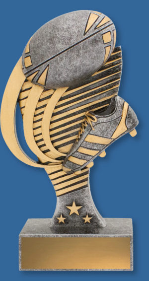 Rugby Trophy Generic Resin. Coda Series Able to be engraved. Silver and Gold Tone with Ball and Boot details