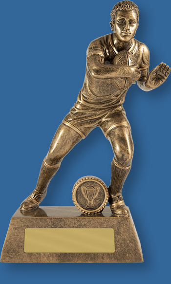 Rugby Trophy Male Resin.Gold Tone Fend action. Fend Rugby Series. Can be engraved