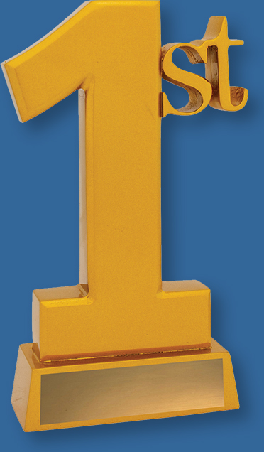 1st Place trophy finished in vibrant bright gold with engraving plate.
