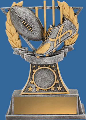 Aussie Rules Trophy Generic Resin. Footy Classic Series Series. Engravable plate. Classic antique silver and gold colours with ball and boot detail.