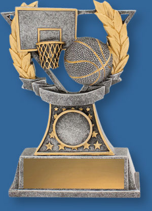 Basketball Trophy Generic Resin. Classic Series. Basketball trophies with ball and backboard detail in traditional antique gold. Engraving plate.