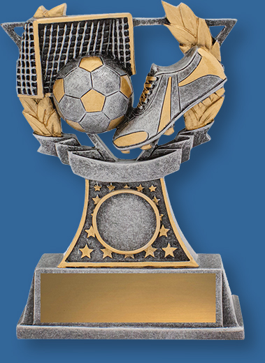 These football trophies are finished in traditional antique silver and gold and feature detail of ball, boot and goals.