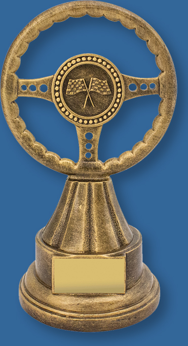 Wheel Trophy Generic Resin. Steering Wheel Style. Tall bronze tone award suitable for any motor sport.