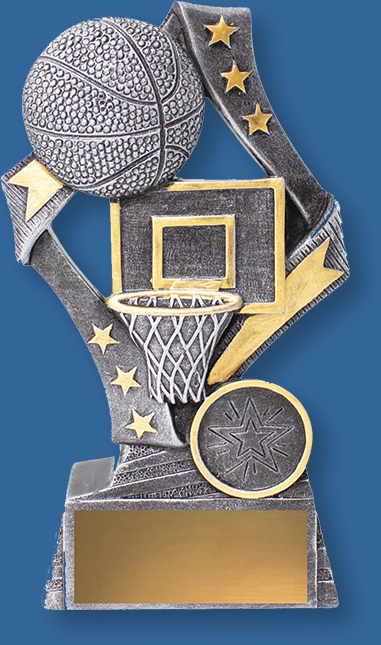 Flag Series. Basketball trophies gold stars ribband backdrop detailing antique silver ball and posts.