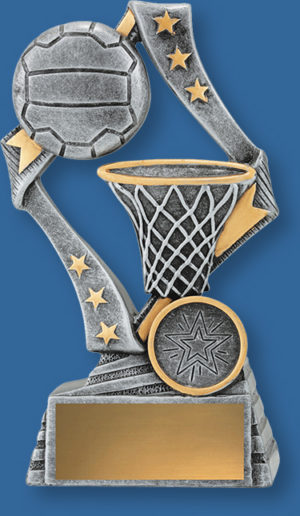 Antique Silver with Gold Trim. These ‘Flag’ netball trophies feature a stylish star based design with ball & net elements.