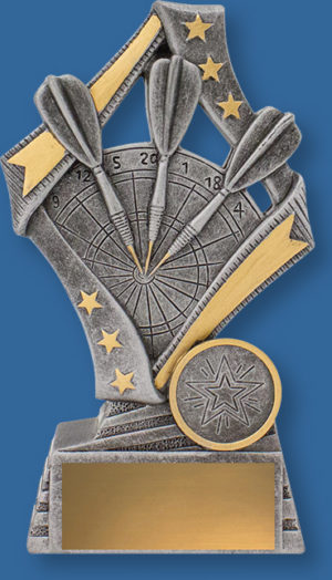 Darts Trophy Generic Resin. Flag Series. Dartsl trophies with dart and board detail in traditional antique silver and gold. Engraving plate.