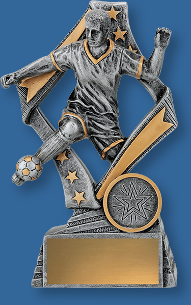 These football trophies are finished in traditional antique silver and bronze tones and feature detail of a male football player kicking a ball.