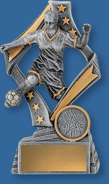 These football trophies are finished in traditional antique silver and bronze tones.