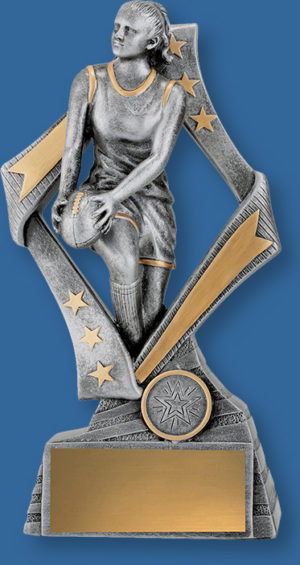 Aussie Rules Trophy Female Resin. Flag Series. Antique Silver and gold tone AFL trophies feature female player in action framed by a stylish star inspired design.