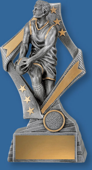 Aussie Rules Trophy Male Resin. Flag Series. Antique Silver and gold tone Aussie Rules trophies feature male player in action framed by a stylish star inspired design.