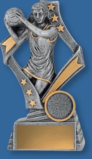Dynamic netball trophies feature a player in action framed by a stylish star inspired design. Netball trophies are finished in classic antique silver and gold.