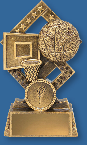 Double Diamond Series. Basketball trophies with ball and backboard detail in traditional antique gold. Engraving plate.