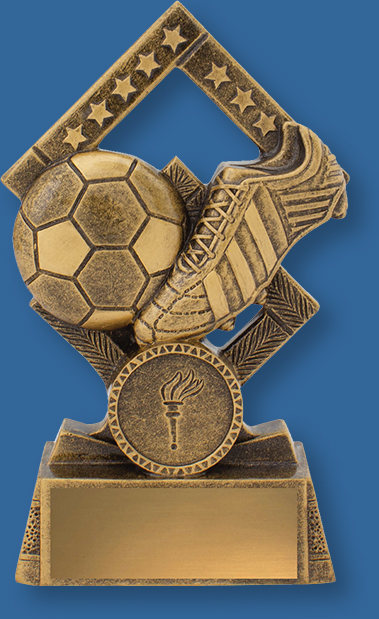 These football trophies are finished in traditional antique bronze they show boot and ball inside a star studded diamond.