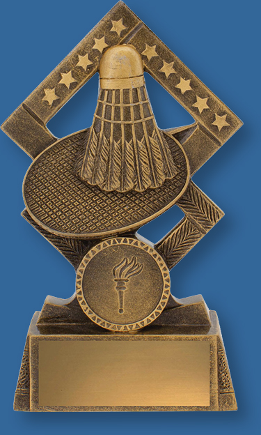 Badminton Trophy Generic Resin. Double Diamond Series. Badmintonl trophies with bird and racquet detail in traditional antique bronze and gold. Engraving plate.