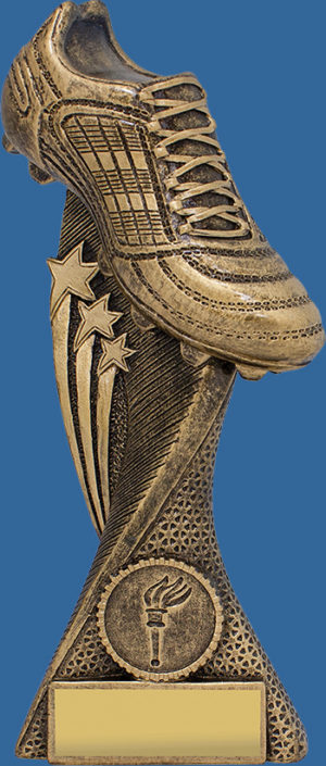 Aussie Rules Trophy Generic Resin. Boot Star Champion Series. Antique Gold tone Aussie Rules trophies with elevated boot with superb design details, multi-star detail.